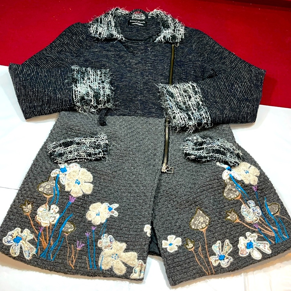 SACRED THREADS GRAY boho asymmetrical zip floral JACKET textured coat women’s LG